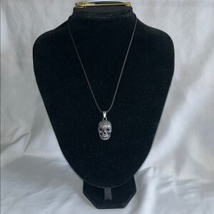 Silver Tone Skull Pendant Black Rhinestone Eyes Men’s Necklace